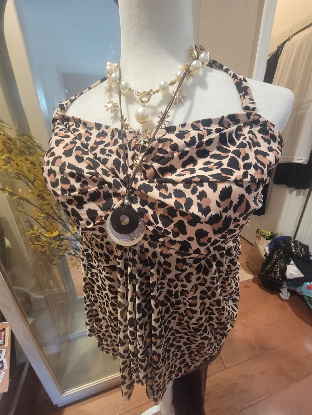 Kona Sol Leopard Halter Swim Top - Beige/Black